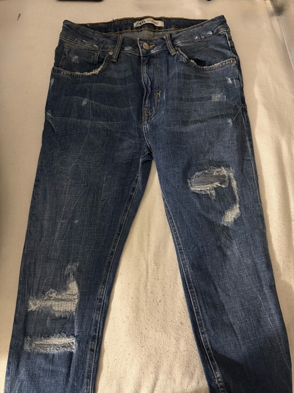 Zara Men's Distressed Dark Blue Slim Straight Jeans